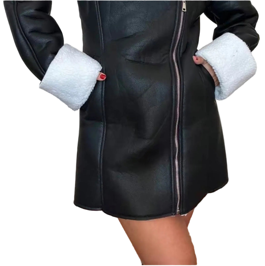 Black Ice Vegan Leather Mini Coat
